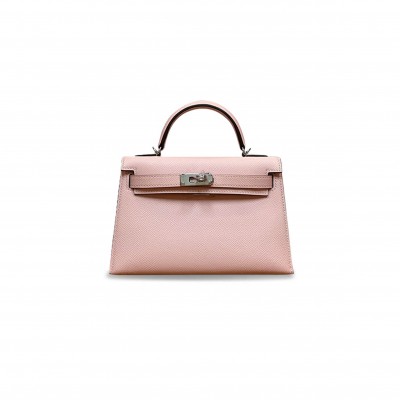 HERMÈS MINI KELLY II EPSOM 3Q CHERRY BLOSSOM PINK SILVER BUCKLE (19*12*5.5cm) 